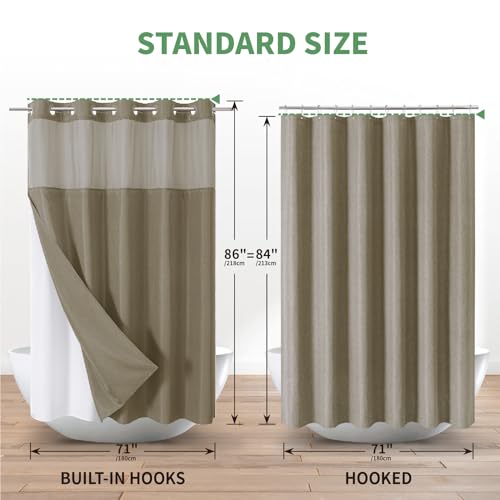 eachope Extra Long No Hook Shower Curtain with Snap-in Fabric Liner Set,Slub Textured Fabric Shower Curtains for bathroom,Hotel Style Modern Shower Curtain,Water Repellent,Washable,71x86(84),Tan/Khaki | Extra Long Fabric Outer + Waterproof Inner Liner, Ho