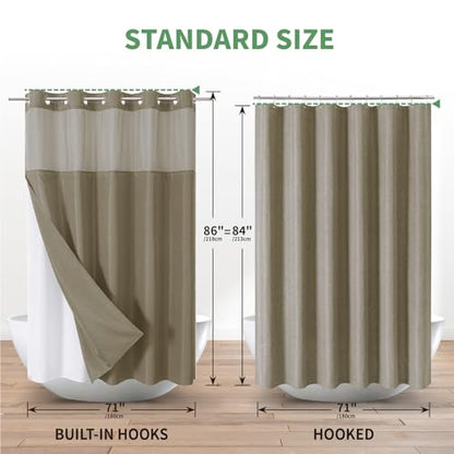 eachope Extra Long No Hook Shower Curtain with Snap-in Fabric Liner Set,Slub Textured Fabric Shower Curtains for bathroom,Hotel Style Modern Shower Curtain,Water Repellent,Washable,71x86(84),Tan/Khaki | Extra Long Fabric Outer + Waterproof Inner Liner, Ho