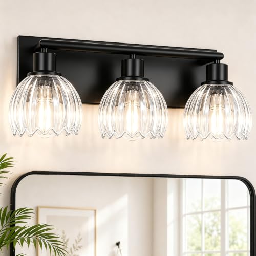 Black Bathroom Vanity Light Over Mirror, 3 Light Vanity Light Fixture with Clear Fluted Glass Shades, 18.3 Inch Wall Mount Bathroom Lighting Fixture, E26 Base