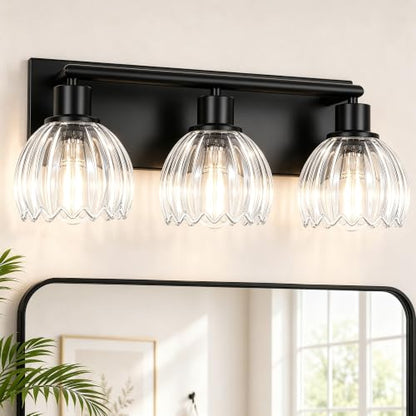 Black Bathroom Vanity Light Over Mirror, 3 Light Vanity Light Fixture with Clear Fluted Glass Shades, 18.3 Inch Wall Mount Bathroom Lighting Fixture, E26 Base