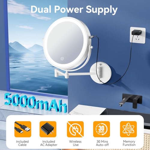 Auxmir 9″ 5000mAh 1X/30X Wall Mounted Lighted Magnifying Makeup Mirror | Power Adapter&2 Tweezers Included/ 3 Dimmable Colors/ Dual Sided Button Control/ Rechargeable/ 360° Rotation Extended Arm - color: 9'' 30x-white+adapter