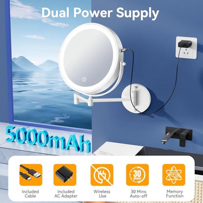 Auxmir 9″ 5000mAh 1X/30X Wall Mounted Lighted Magnifying Makeup Mirror | Power Adapter&2 Tweezers Included/ 3 Dimmable Colors/ Dual Sided Button Control/ Rechargeable/ 360° Rotation Extended Arm - color: 9'' 30x-white+adapter