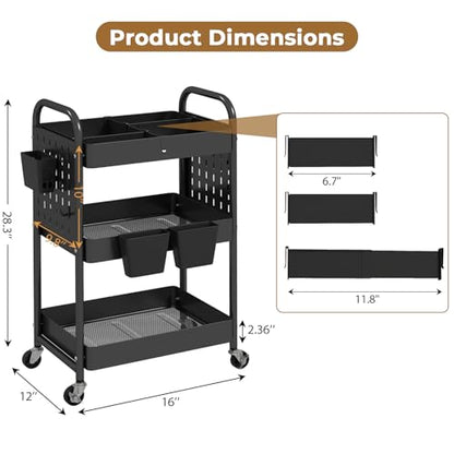 Craft Cart, Black Rolling Cart with Retractable Dividers & DIY Pegboards for Kitchen, Bedroom, Laundry - color: Black