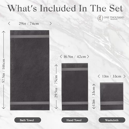 Premium Staple Cotton Bathroom Towel Set - Dark Gray 600 GSM 6-Piece Luxury Bath Towel Set 1 Stripe - 2 Bath Towels, 2 Hand Towels & 2 Washclothes Set - High Absorbent & Quick Dry for Gym, Spa, Hotel - color: Dark Gray - 1 Stripe