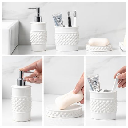 3-Piece White Ceramic Bathroom Accessories Set - Luxurious Soap Dispenser, Toothbrush Holder & Soap Dish with Modern Geo Embossed Design for Bathroom Accessory Set - color: White 024