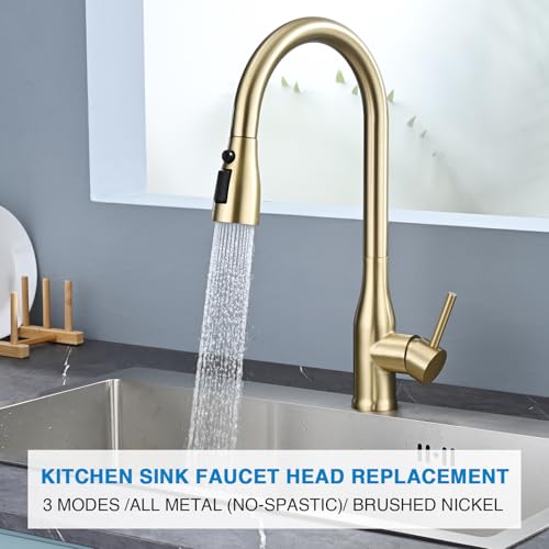 Metal Kitchen Faucet Head Replacement, 3 Functions Kitchen Faucet Head High Pressure, Brushed Gold Pull Down Kitchen Sink Sprayer Replacement with 9 Adapters Compatible with Most Faucets - color: ‎Brushed Gold