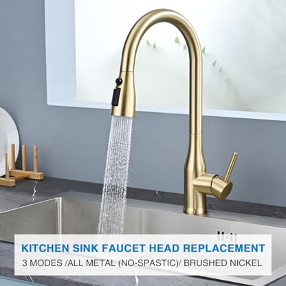 Metal Kitchen Faucet Head Replacement, 3 Functions Kitchen Faucet Head High Pressure, Brushed Gold Pull Down Kitchen Sink Sprayer Replacement with 9 Adapters Compatible with Most Faucets - color: ‎Brushed Gold