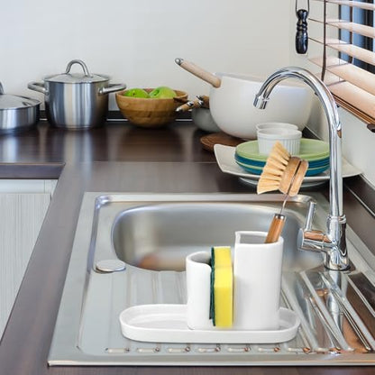3 in 1 Ceramic Kitchen Sink Caddy Dish Sponge Holder Scrub Brush Holder and Soap Tray for Kitchen Organizer White Rustic Farmhouse Supplies(White) - color: white