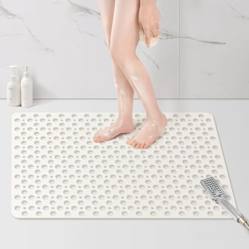 Yolife Large Shower Mat, 35 x 24 inch Non Slip Shower Mats for Inside Shower with Drain Holes and Suction Cups for Bathroom, No Odor TPE Shower Floor Mat, White - color: White, size: 35" x 24" (Rectangular)