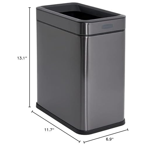 Rubbermaid 2.6-Gallon Charcoal Stainless Steel Wastebasket, Slim Space-Saving Design, Ideal for Home/Office/Bathroom - style: Open Top
