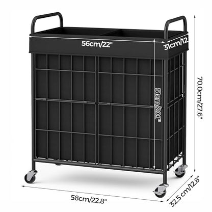 100L 2-Section Laundry Hamper with Wheels, Laundry Basket with Liner Bag | Lockable Casters; Divided Removable Liner; Reinforced Steel Frame; Metal Handle - color: Black, size: 100L-2 Sections