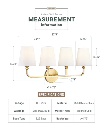 4-Light Brushed Gold Bathroom Vanity Light, White Fabric Shades | 28" bathroom light fixtures over mirror, upward only, E26 base, bulbs not included, VL837-BG-4 - color: Brushed Gold, size: 4-light