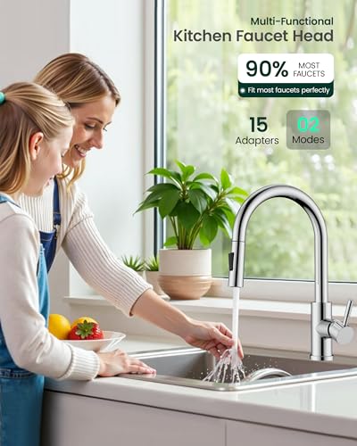 Metal Kitchen Faucet Head Replacement | 2-Mode Pull Down Kitchen Faucet Spray Head, with 15 Adapters, High Pressure Sink Sprayer Nozzle Stainless Steel, Chrome - color: Chrome