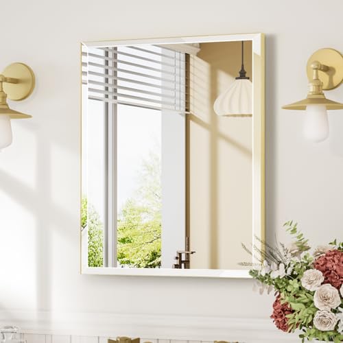 MZON 24x30 Bathroom Vanity Mirror for Wall with Beveled Edge, Ultra-Thin Metal Frame HD Mirror, Rectangular Wall Mounted Mirror for Bathroom Sink, Vertical or Horizontal, Gold - color: Gold, size: 24"L x 30"W