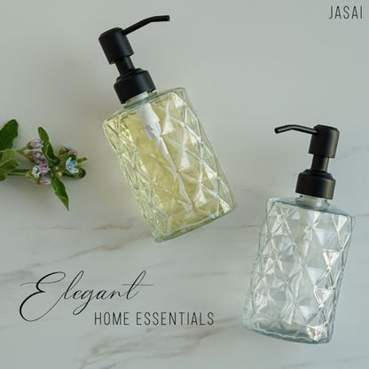 JASAI Diamond Design 12 Oz Glass Soap Dispenser with Black Pump | Small Hand soap Dispenser with Rust Proof Pump, Bathroom Soap Dispenser for Hand Soap, Liquid Soap, Dish Soap. - color: Clearglass-black Pump, style: Diamond