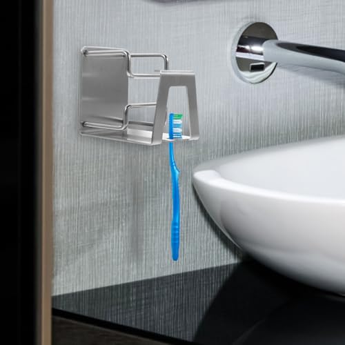 Stainless Steel Wall Toothbrush Rack with Rinsing Cup Holder Wall-Mounted Organizer for Toothbrushes Toothpaste and Bathroom Items Easy No-Drill Installation Water-Drain Design