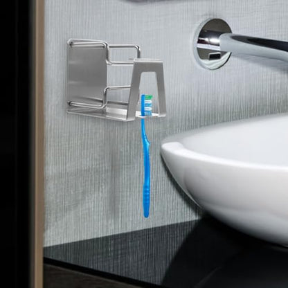 Stainless Steel Wall Toothbrush Rack with Rinsing Cup Holder Wall-Mounted Organizer for Toothbrushes Toothpaste and Bathroom Items Easy No-Drill Installation Water-Drain Design
