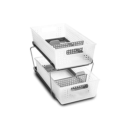 madesmart Two Tier Organizer with Dividers, Frost | pull out bins, tiered access, cleaning supplies, under sink use, pantry bottles, woman owned