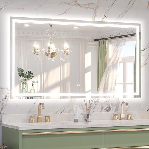 Keonjinn 66" x 36" Large Bathroom LED Mirror, Tempered Glass, French Cleat | Frontlit & Backlit, 3 Color Dimmable Lights, Fast & Safe Defogging, Energy-Saving Power Driver, Frameless LED Vanity Mirror - size: 36"L x 66"W