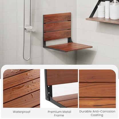 EROMMY Folding Shower Seat, 17.8" Wall Mounted Teak Shower Bench, Foldable Shower Chair for Inside Shower, Home Care Bathroom Safety Shower Chair for Elderly and Disabled, 400 lbs Capacity - size: 17.8" Folding Shower Bench