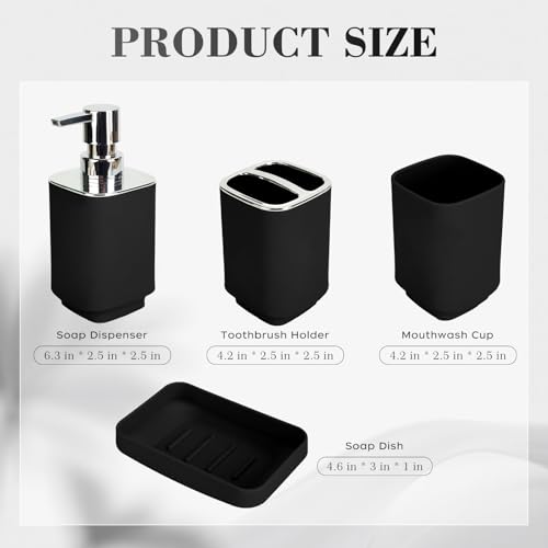 4Pcs Black Bathroom Set, Square Boho Soap & Toothbrush Holder Set | Thick shatterproof ABS, electroplated rust-proof pump, drip-free, multi-slot holder, dustproof lids, easy-clean - color: Black, size: 4PCS
