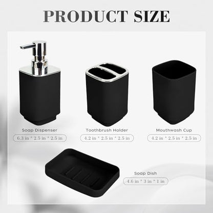 4Pcs Black Bathroom Set, Square Boho Soap & Toothbrush Holder Set | Thick shatterproof ABS, electroplated rust-proof pump, drip-free, multi-slot holder, dustproof lids, easy-clean - color: Black, size: 4PCS