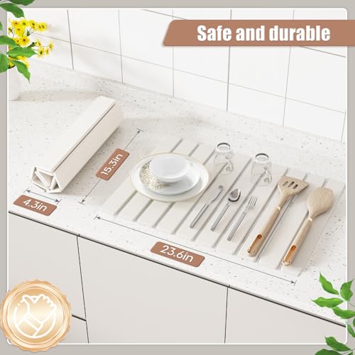 Foldable Stone Dish Drying Mat, 23.6"x15.3" Absorbent Quick Dry Board | Made of natural diatomaceous earth. Super absorbent mat for kitchen & bathroom countertops, drying dishes, cups & bottles.
