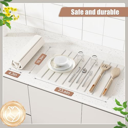Foldable Stone Dish Drying Mat, 23.6"x15.3" Absorbent Quick Dry Board | Made of natural diatomaceous earth. Super absorbent mat for kitchen & bathroom countertops, drying dishes, cups & bottles.
