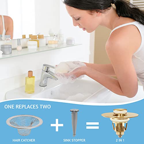 Gold Bathroom Sink Stopper – Pop Up Drain Stopper & Strainer, 2-in-1 Universal Sink Stopper, Compatible with 1.1" to 1.5" Bathroom Sink Drain Pipes, Gold Matte Brushed Finish - color: Gold Matte Brushed Finish