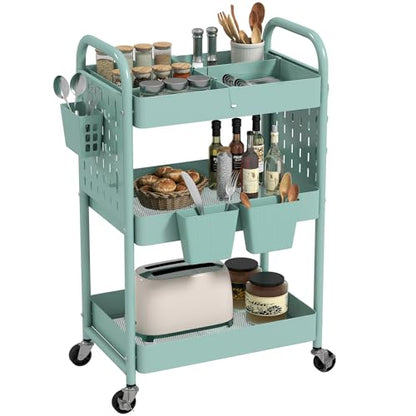 Rolling Cart, Movable Utility Organizer with Retractable Dividers & Pegboards for Kitchen, Bathroom, Office - color: Green