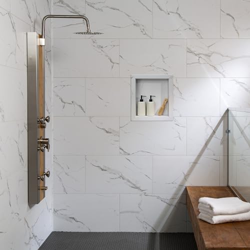 Palisade 17.5 in x 15.5 in Vinyl Shower Niche Carrara Marble/Urban Glacier | Waterproof Shower Insert - color: Carrara Marble/Urban Glacier