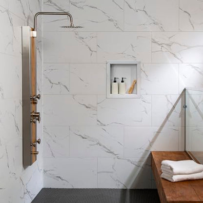 Palisade 17.5 in x 15.5 in Vinyl Shower Niche Carrara Marble/Urban Glacier | Waterproof Shower Insert - color: Carrara Marble/Urban Glacier