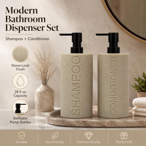 Resin 2 Pack Shampoo, Conditioner or Body Wash Dispenser Set, Luxurious Refillable Pump Bottles with Matte Pump Top and Embossed Text, Durable Design for Bathroom and Shower - color: Tan Shampoo & Conditioner