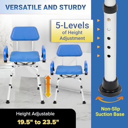 Mobi-Bench Swivel Shower Chair with Padded Seat, Back & Arms - 360° Rotating Bath Chair, Adjustable Height, Heavy Duty Bariatric - 300lb Capacity