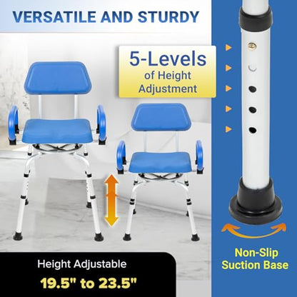 Mobi-Bench Swivel Shower Chair with Padded Seat, Back & Arms - 360° Rotating Bath Chair, Adjustable Height, Heavy Duty Bariatric - 300lb Capacity