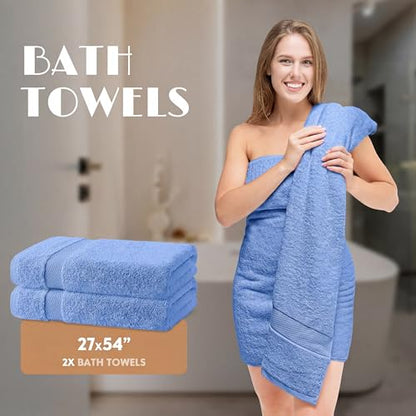 White Classic Light Blue Bath Towel Set of 6-100% Cotton Highly Absorbent Towels for Bathroom, 2 Luxury Bath Towels 650GSM, 2 Hand Towels, 2 Washcloths - color: Light Blue