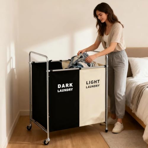 Double Compartment Rolling Laundry Sorter Cart with Wheels, Dark and Light Separation Hamper, Chrome Frame, Mobile Clothes Storage Organizer(Black+white, 2 Sections)