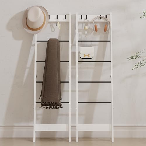 TRIFEBLE 6 Tier Blanket Ladder Shelf for Living Room and Bedroom, Ladder Holder with 4 Metal Hooks, 5.2ft Blanket Quilt Holder Rack, Farmhouse Ladder Rack for Storage and Home Decor, White