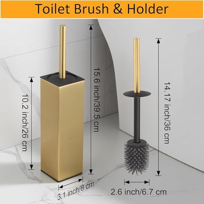 BGL Standing Toilet Brush and Holder Brushed Gold Aluminium Toilet Bowl Cleaner Brush and Holder for Bathroom Storage and Organization, Square Design Sturdy and Space Saving - color: Brushed Gold
