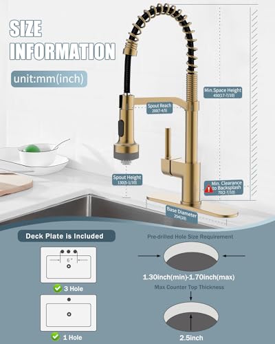LED Kitchen Faucet with Soap Dispenser, Gold Kitchen Faucet, Faucet for Kitchen Sink, Single Handle Stainless Steel Camper Farmhouse RV Sink Faucets with Pull Down Sprayer - color: C-Brushed Gold, style: Contemporary