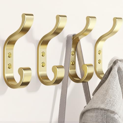 Coat Hooks Wall Mount,Heavy Duty Wall Hooks for Backpack,Towel,Gold 4 Pack | Large Coat Hangers Holds 30LB, Metal Screw-In Hooks for Door, Closet, Bathroom, Clothes, Purse, Bag, Jacket, Robe - color: Gold, size: 4 Pack