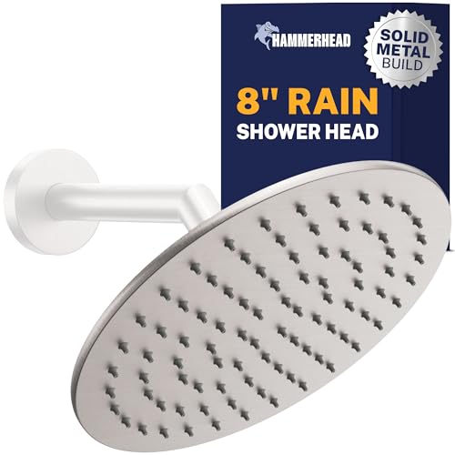 HammerHead Showers® Solid Metal 8 Inch Rainfall Shower Head – BRUSHED NICKEL - Shower Head Rainfall - 2.5 GPM High Flow Shower Head Optimized for Pressure – Large Round Rain Shower Heads - color: Brushed Nickel, size: 2.5 GPM