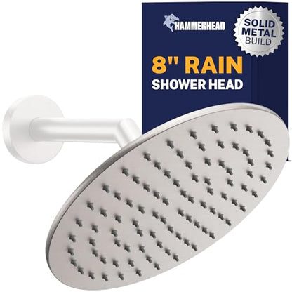 HammerHead Showers® Solid Metal 8 Inch Rainfall Shower Head – BRUSHED NICKEL - Shower Head Rainfall - 2.5 GPM High Flow Shower Head Optimized for Pressure – Large Round Rain Shower Heads - color: Brushed Nickel, size: 2.5 GPM