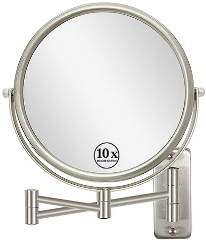 Wall Mount Makeup Mirror with 1X/10x Magnification, Nickel | 8" Double-sided Wall-mounted Magnifying Mirror with Extendable Arm for Bathroom, Round, No Lights, Brushed Nickel Finished