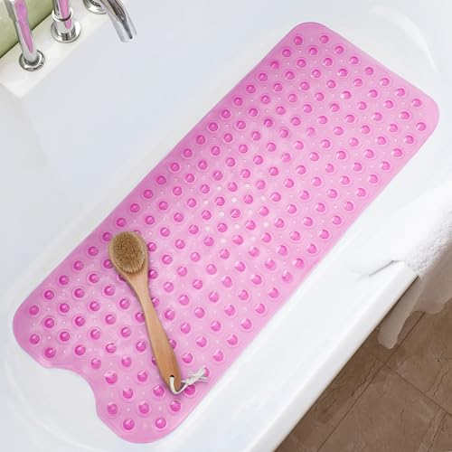 Bathtub Mats for Shower Tub Non-Slip Bath Mat 39 x 16 Inch Extra Long Shower Mat, Bath Tub Mat for Bathroom with Machine Washable, BPA Free for Kids (Clear Hot Pink) - color: Clear Hot Pink