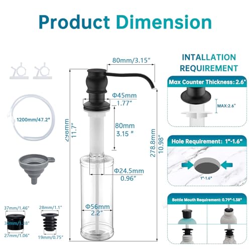 Brass Kitchen Soap Dispenser, Oil Rubbed Bronze in Sink Liquid Dish Soap Dispenser, Under Sink Hand Metal Dispenser Pump, 47.2" Silicone Long Tube for 0.79 "- 1.38" Bottle Mouths - color: Oil Rubbed Bronze, size: With Hose