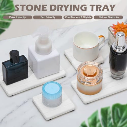 4PCS Stone Drying Tray for Bathroom Sink and Kitchen Counter, Fast Drying Diatomite Stones Soap Trays, Diatomaceous Coaster, Vanity Trays, Water Absorbing Stone Tray for Sink - color: White 4stripes