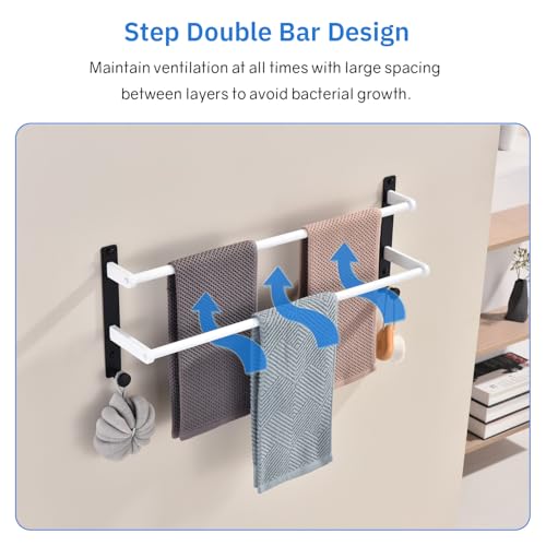 24-Inch Double Towel Bar with Hooks, Stainless Steel Towel Rod - Bathroom Wall Mounted Towel Hanger, White & Black - color: Black & White, size: 24-Inch