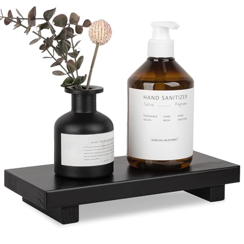 Bathroom Tray Wood Riser Kitchen Decor Soap Holder, 10" x 4.5" Black | Waterproof, Easy Clean, Wooden Pedestal Stand Accessories for Office Desk, Bathroom, Vanity, Counter, Sink - color: Black, size: 10" x 4.5" x 1.6"