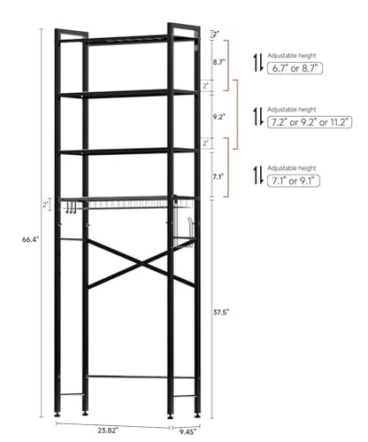 Over the Toilet Storage Rack,4-Tier Adjustable Bathroom Organizer Over Toilet with Storage Basket & 4 Hooks,Space Saving Shelf for Washer & Mini Fridge,Rustproof,Black Metal